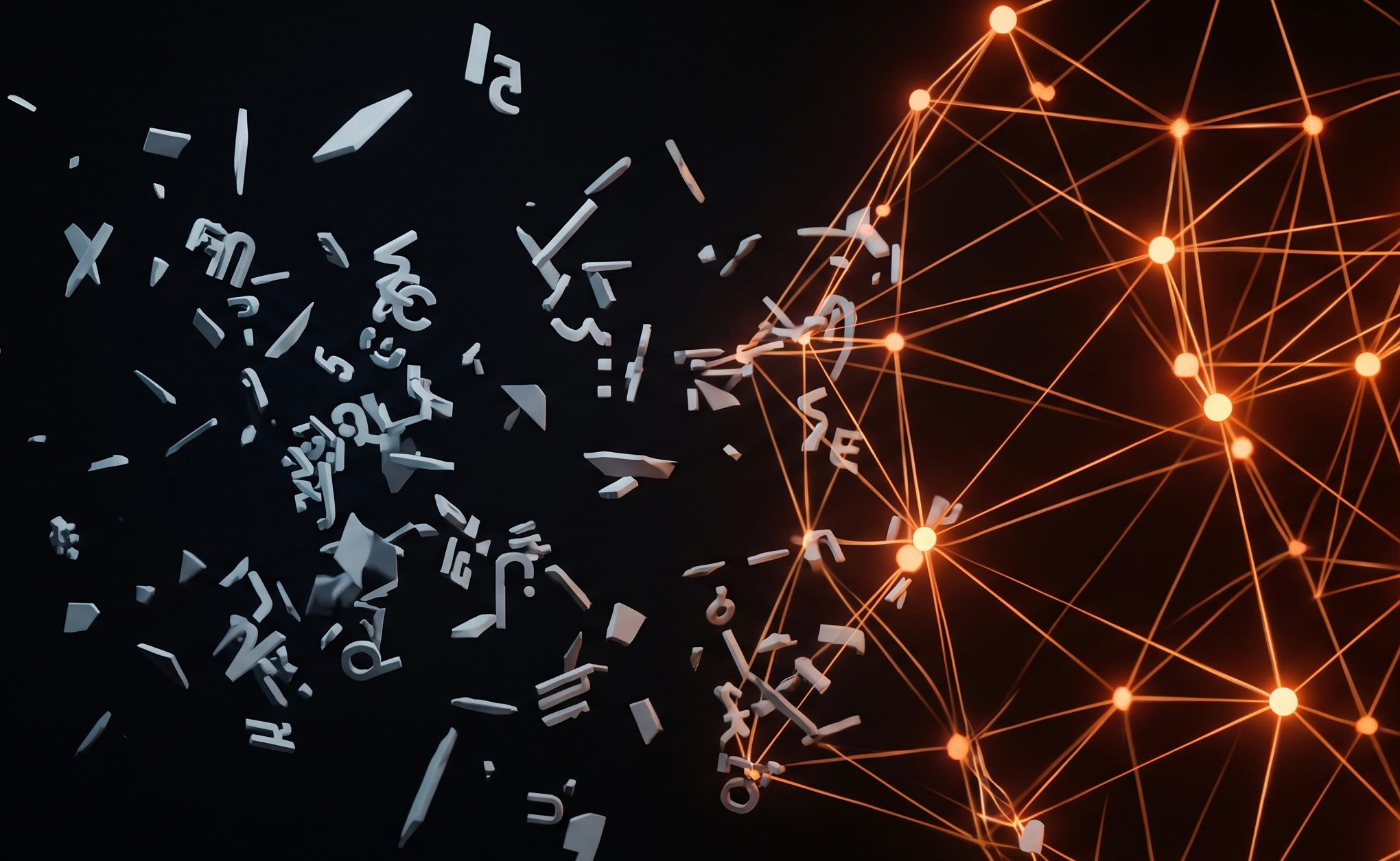 Fragments of memory dissolving into a structured knowledge graph